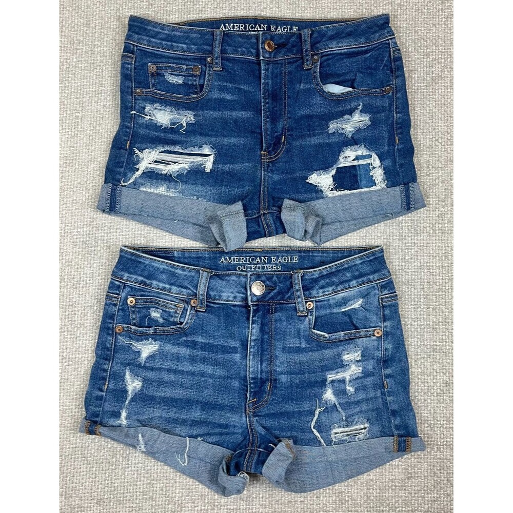 American Eagle Shortie Shorts Women’s Size 8 Hi-Rise Super Stretch Blue Lot of 2